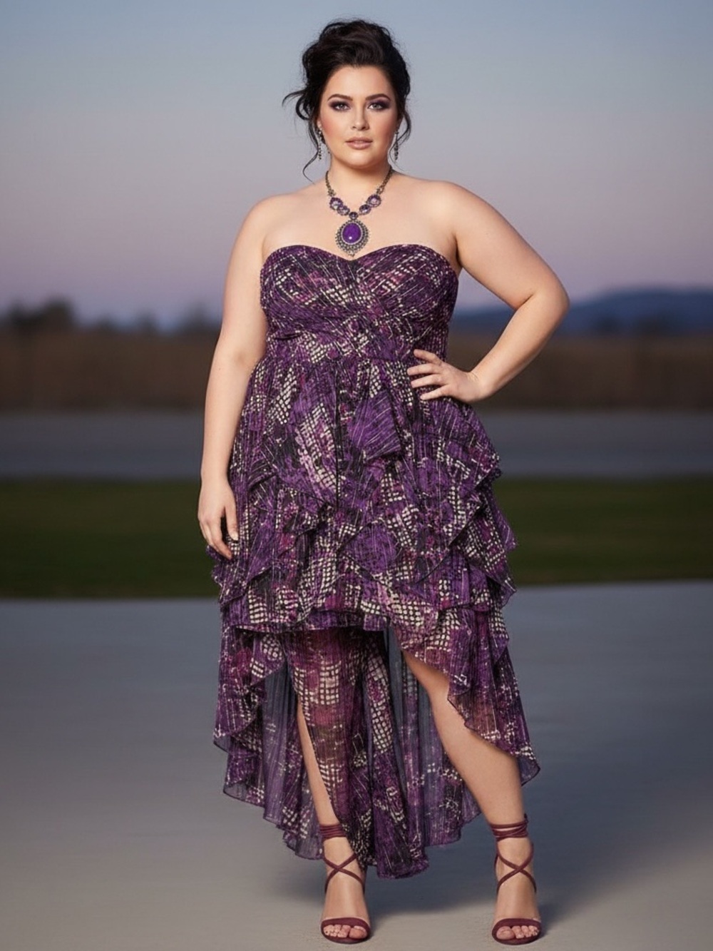 Strapless Purple Ruffle High-Low Midi Dress